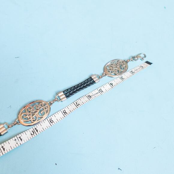 Silver Metal Black Leather Braided Chain Style Adjustable Clasp Waist Belt - Picture 5 of 6